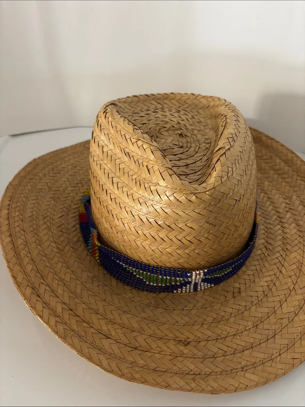 Vintage 80s Straw Cowboy Hat with Blue Beaded Band